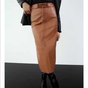 Zara Brown faux leather midi skirt with tie detail
